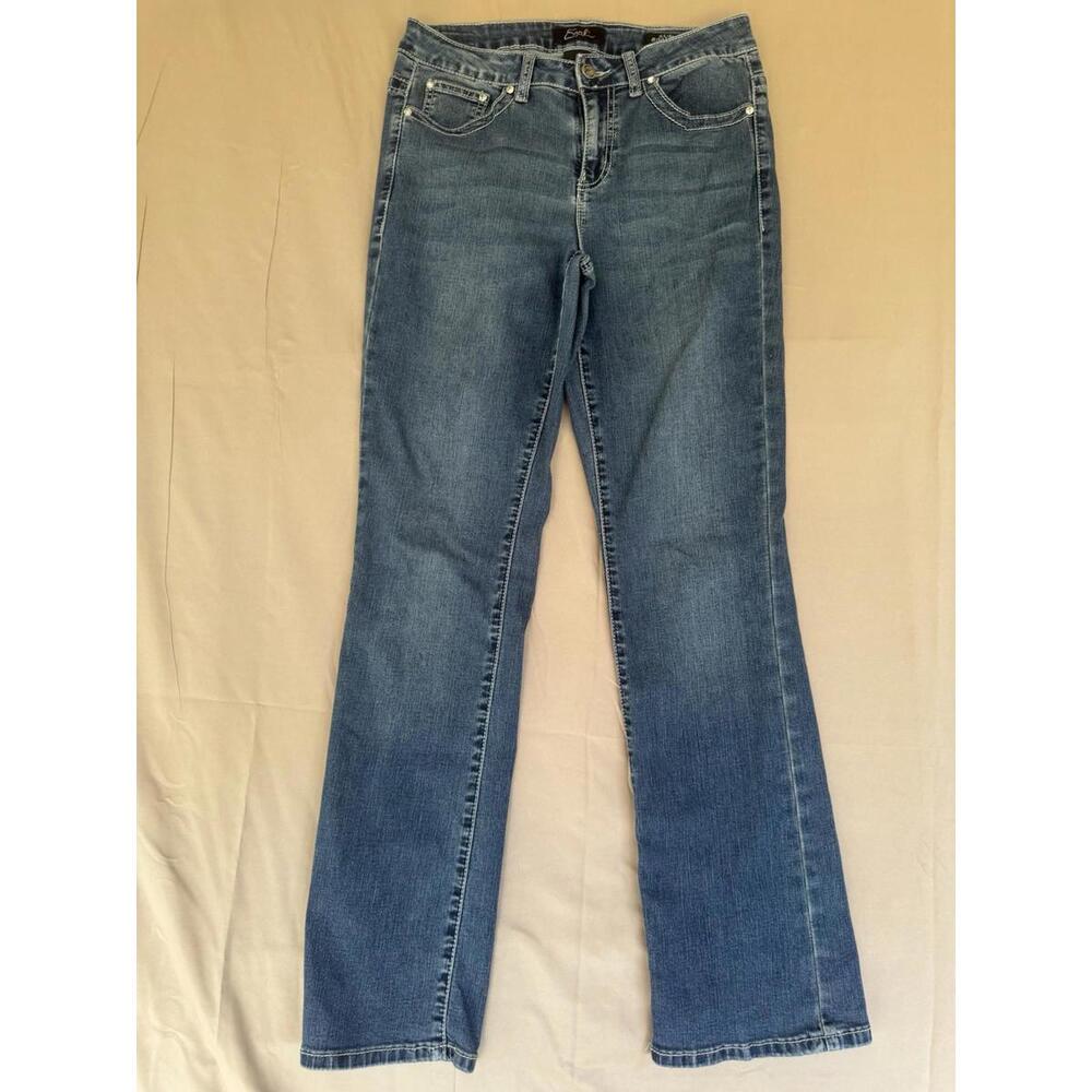Earl Jean Slim Bootcut Blue Embroidered Rhinestone Jeans 5-Pocket Zip Button sz8